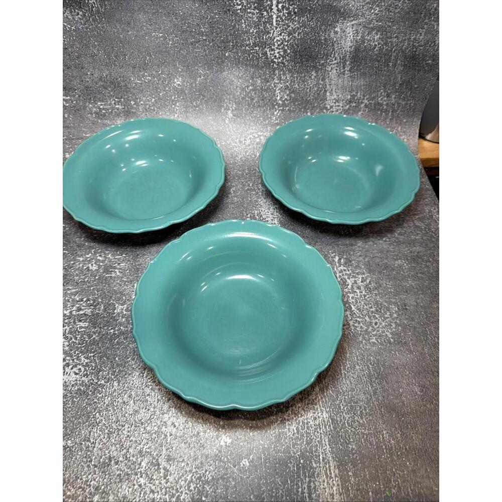 Pioneer Woman Solid Turquoise Teal Cereal Soup 8” Bowls Scalloped Edge Set Of 3*